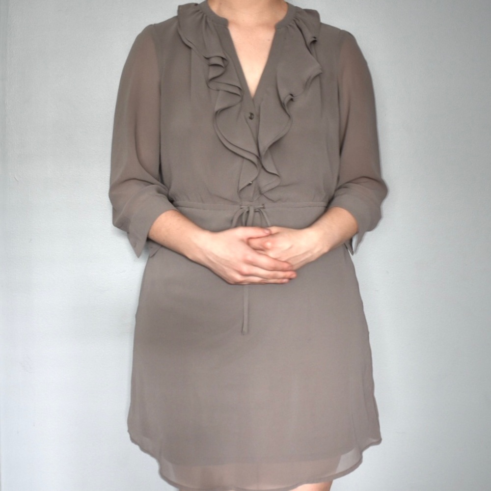 H&M Solid Gray Simple Button Down Long Sleeved Ruffled Frilled Midi Dress